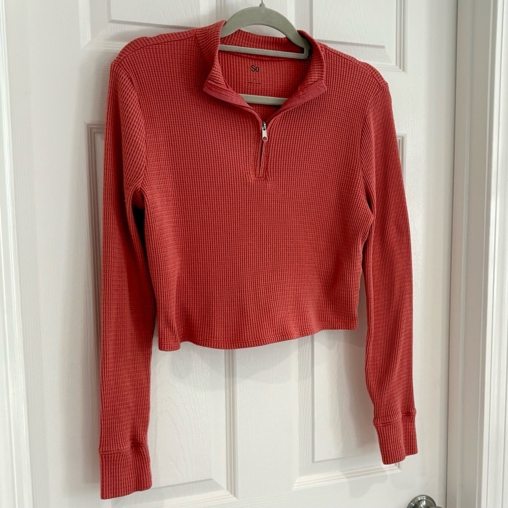 SO Cropped Waffle Knit 1/4 Zip Salmon Long Sleeve Pullover Shirt Junior Sz XL
